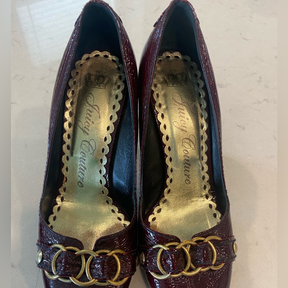 Juicy Couture Maroon Heels with Gold Accents